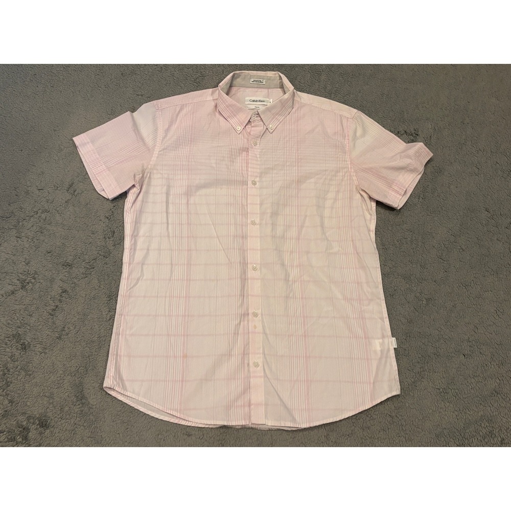 Calvin Klein Mens Slim Fit Pink Plaid Short Sleeve Button Down Shirt Size M